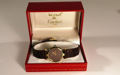 null Cartier - montre vintage Must, bracelet vermillon cuir - Quartz 925 - Plaque...