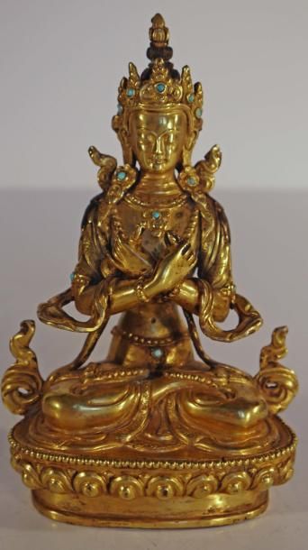 null Bouddha tibétain en position de méditation, très belle ciselure et dorure -...