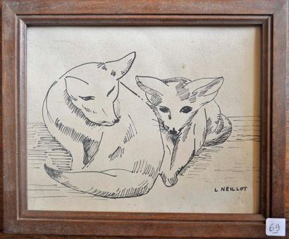 L. NEILLOT. Les renardeaux. Dessin à l'encre, signé en bas à droite. 21x26cm