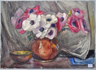 Marie Thérèse DETHAN ROULLET. Vase fleurs. Aquarelle, cachet atelier. 28x39 cm