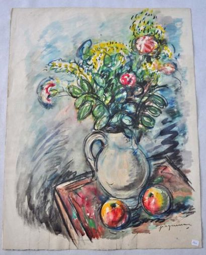 Paul PAQUEREAU. Vase de fleurs. Aquarelle, signée en bas à droite. 65x51cm