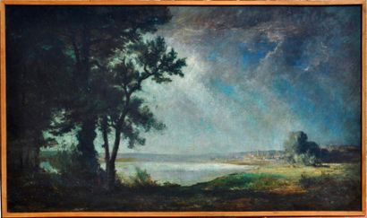 Jules DUPRE (1811-1889) Attribué à.. Village au bord du lac. Huile sur toile (trace...