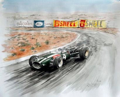 null F. CHEVALIER. Victoire de Pedro Rodriguez à Kyalami 1967. Aquarelle signée en...