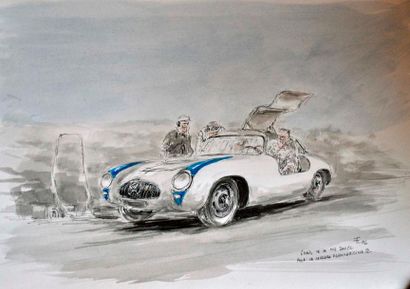 null F. CHEVALIER. Essors de la Mercedes 300 SL pour la Carrera Mexico 1952. Aquarelle...