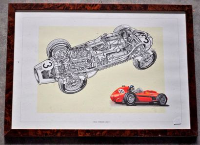  Lot de 7 pièces encadrées, Formules 1 Ferrari années 1940/1950 (37x52cm)