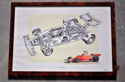  Lot de 7 pièces encadrées, Formules 1 Ferrari années 1970 (37x52cm)