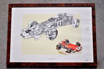 null Lot de 7 pièces encadrées, Formules 1 Ferrari années 1970 (37x52cm)