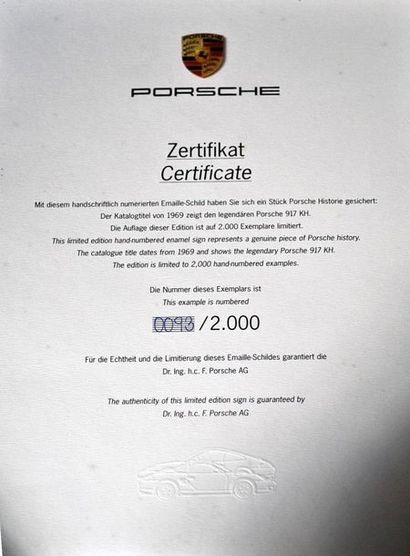 null Plaque en émail Porsche 917 éditée par Porsche. Certificat d'authenticité et...