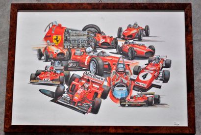 null Lot de 5 pièces encadrées, Formules 1 Ferrari années 1990 (37x52cm)
