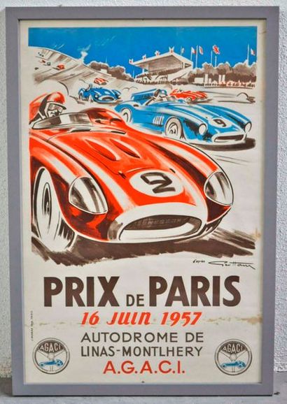  Affiche originale du Prix de Paris, autodrome de Linas Montlhéry 1957, encadrée...