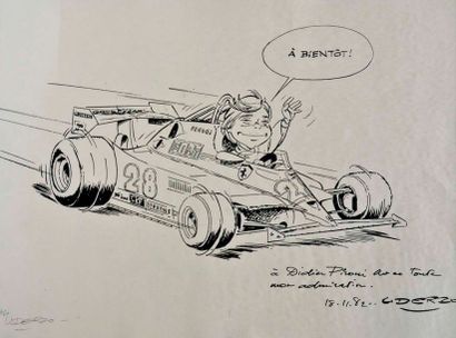null Albert UDERZO. Didier Pironi sur Ferrari. Lithographie signée et datée 1982,...