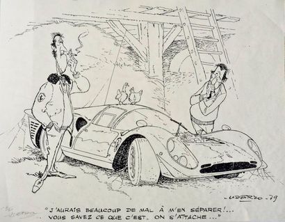 null Albert UDERZO. Jean Claude Bajol vendant sa Ferrari P2/P3 à Albert Uderzo. Lithographie...