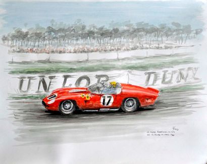 null François CHEVALIER. Les frères Rodriguez en tête des 24h du Mans 1961, aquarelle...