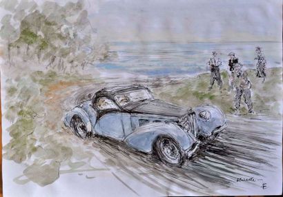 null François CHEVALIER. Bugatti Atalante. Aquarelle, signé en bas à droite. 21x...