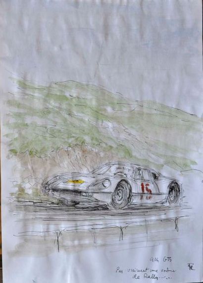 null François CHEVALIER. Porsche 904 en rallye. Aquarelle et encre, 21x29cm