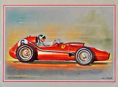 null VISPE. Mike Hawthorn, Ferrari 246, aquarelle signée (32x42cm)