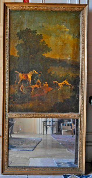 null Trumeau à décor de scène de chasse. Huile sur toile. XIX°. 128x64cm