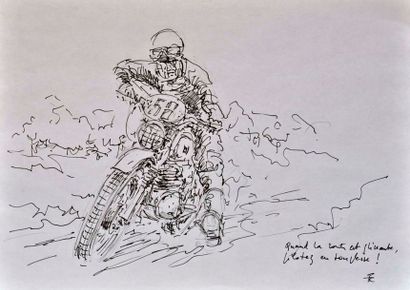 François CHEVALIER Dérapage en moto. Encre, signé en bas à droite. 21x29cm