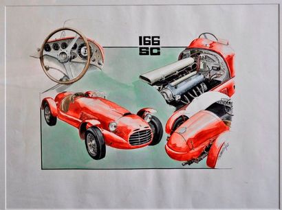 J. BRAUER Ferrari 166SC, aquarelle signée en bas à droite (40x40cm)