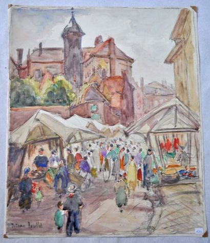 Marie Thérèse DETHAN ROULLET. Le marché. Aquarelle, signée en bas à gauche. 56x4...