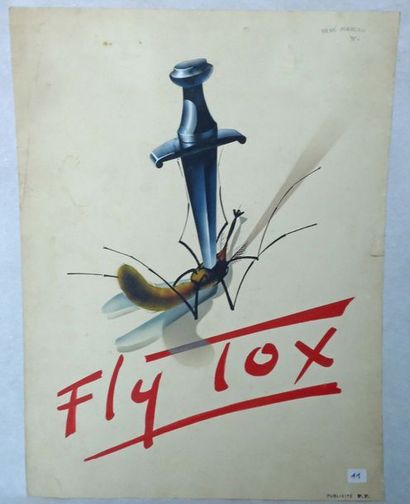 René MARCOU. Projet de Publicité pour FLY TOX. Aquarelle signée et datée 35. 48x...