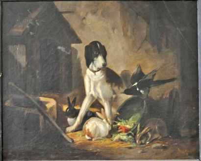 null Ecole française du XIX°. Pointer à la ferme. Huile sur toile. 54x65cm