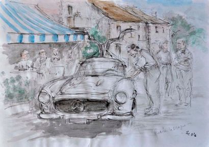 null François CHEVALIER. Mercedes 300 SL. Lavis et crayon, signé en bas à droite....