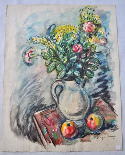 Paul PAQUEREAU- Vase de fleurs. Aquarelle,...