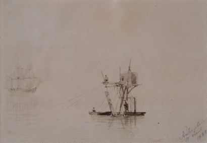  Ivan AIVAZOVSKY (1817-1900) Cabane de pêcheurs sur le Bosphore Lavis et crayon sur... Gazette Drouot
