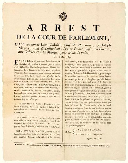null 1784. BORDEAUX. JUDAÏSME. CARCAN, FLÉTRISSURE ET GALÈRES. «Arrest de la Cour...