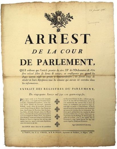 null 1786. PARIS. PRISON DE LA CONCIERGERIE. “Arrest de la Cour de Parlement, qui...
