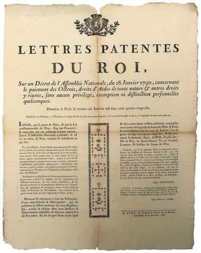 null 1790. RHÔNE. OCTROIS & DROITS D'AIDES. « Lettres patentes du Roi, sur un décret...