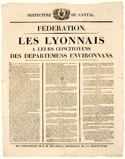 null 1815. LES CENT-JOURS à LYON le 7 Mai 1815. « FÉDÉRATION. Les LYONNAIS à leurs...