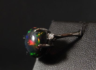 null Bague en or gris, 750 MM, ornée d'une opale noire pesant 4 carats environ épaulée...