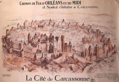 null Affiches chemin de fer Orleans et Midi. Illust par Robida et présentant Carcassonne...