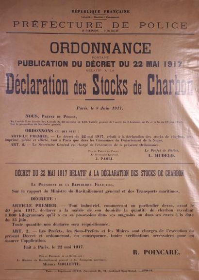 null « Ordonnance sur la déclaration des stocks de charbon » de Poincaré. 1iere guerre...