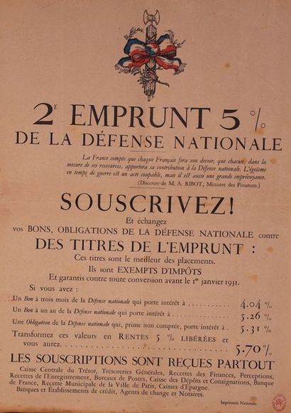 null Affichette « Deux emprunts de la défense nationale » 44 x33 cm.