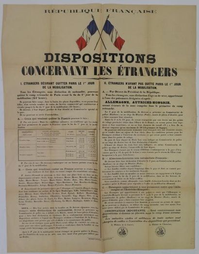 null Affiche : « Dispositions concernant les étrangers » Guerre1914/1918. 92 x 42...