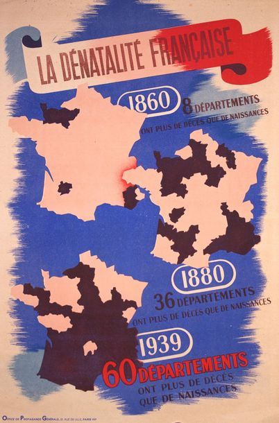 null Affichette « La dénatalité française » 1939. 60 x 40 cm