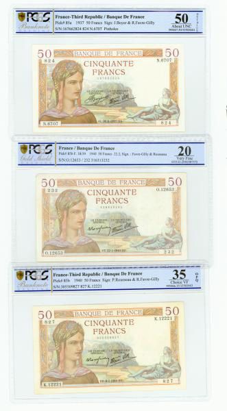 null 50 Francs Ceres modifié

Ensemble de 3 billets gradés 50, 20 et 35 PCGS 1937,...