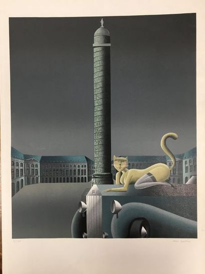 null Alain Gauthier « La chatte sur sa Rolls Place Vendôme » Litho 55 x 45 cm SBD...