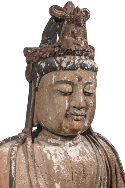 null Qwan Yin bois sculpté à restes de polychromie assise en méditation
Fin époque...