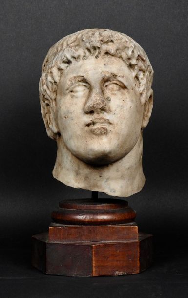null 
Male head. Patinated marble. In the cannons of the Roman era. Circa XVIès or...