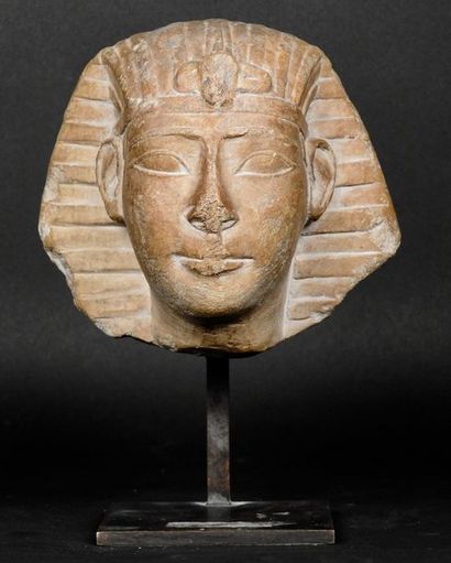 null Pharaoh's head capped with pschent, patinated limestone, in classic Low Era...