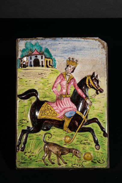 null Polychrome Islamic ceramic tile. Qajar.
Persia.XIXès.Representing a nobleman...