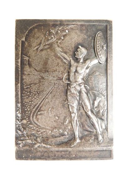 null Rectangular bronze plaque: a) obverse, winning warrior on the stadium: b) reverse,...