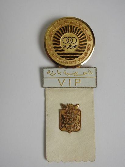 null 1975: Mediterranean games in Algiers, white ribbon accreditation badge with...