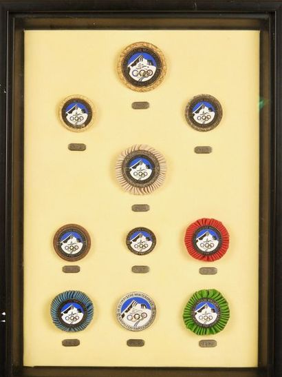 null Superbe cadre à caisson contenant les dix insignes officielles des Jeux d'Hiver...