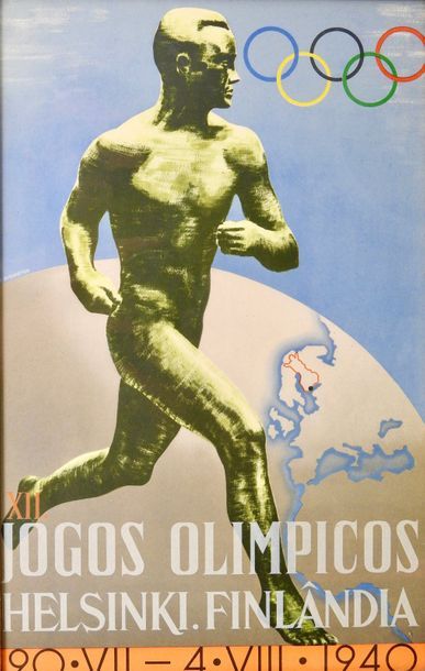 null HELSINKI, 1940,. Affiche des Douzièmes
Logo Olimpicos,Nurni en bronze court...