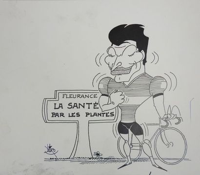 null DERO Poulidor. Dessin de presse original paru dans L'Equipe: Partant de Fleurance,...